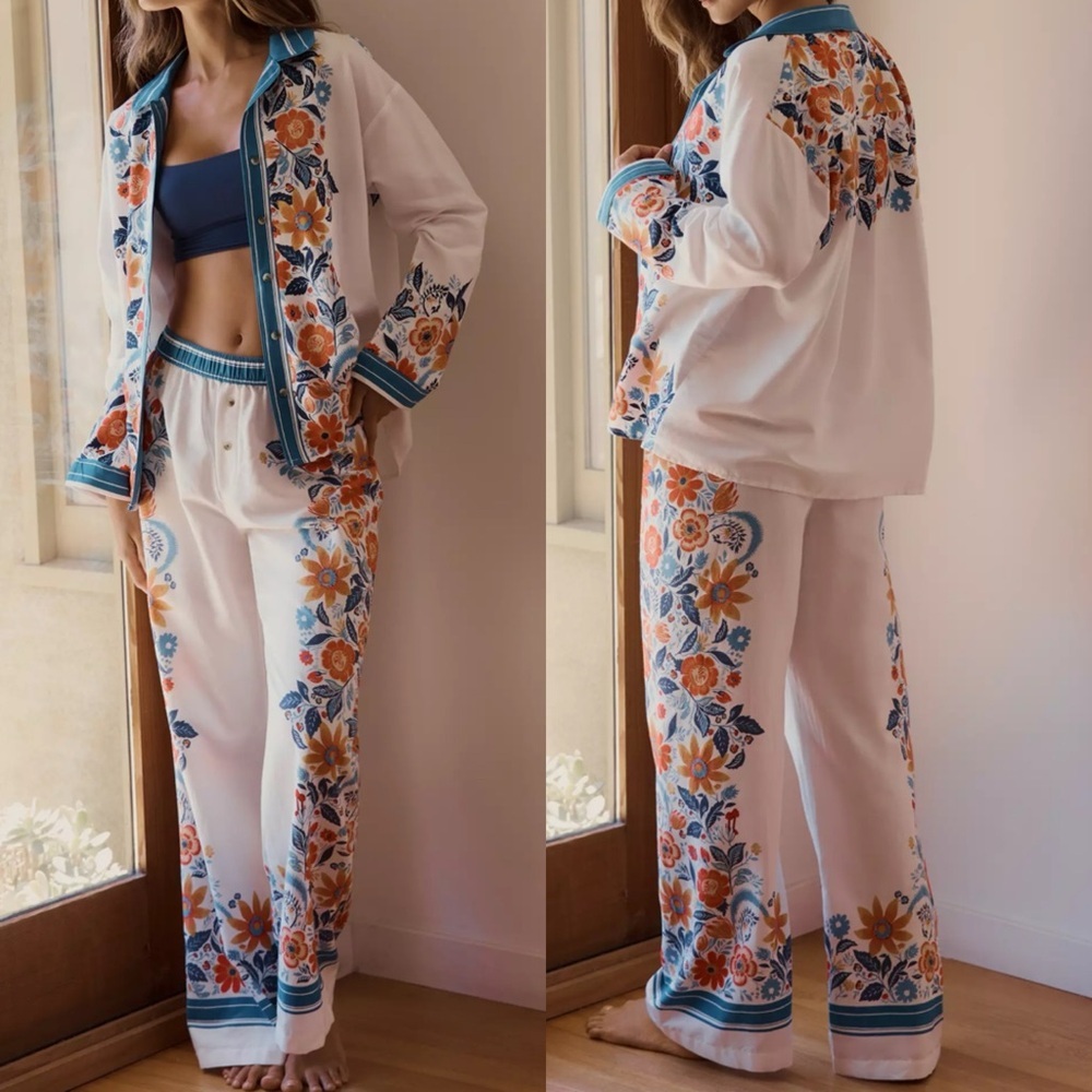 Anthropologie Vibrant Floral Pajama 2pc Set Top M Bottom L